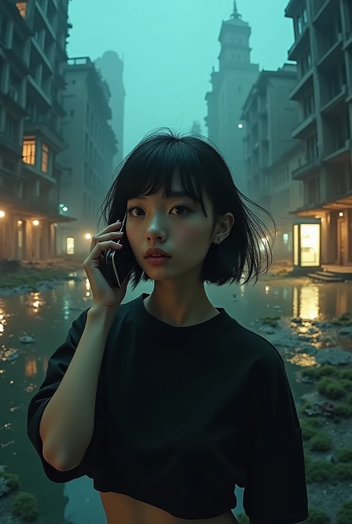 (((Fisheye Lens))), Very wide white background, Superior Quality, masterpiece, 32K, Written boundary depth, Intricate details, (((unmanned))), Very large margins, Lots of text, Company logo, space, Movie Posters,(((Mossy buildings))),Nostalgia, (((City of night))), Panorama, Long Shot, Backlight, (((Dull colors))),(((Only One Woman))), (((Perfect Face))), 14k, (((Highly detailed background))), (((Highest quality))),(((Cowboy Shot))), Ultra detailed hair, (((Faint lighting))),(((A wide variety of unique hairstyles))), Super Beauty, (((Ultra detailed face))), ((((Different angles)))), (((The wind is blowing))), (((Different hair colors))),(((Very fine and beautiful sparkling eyes)))(((Light on the face.))),(((Flat Chest))),(((Black Short Sleeve Sweatshirt)))R,(((mysterious))),(((Destroyed city))),short hair,((Submerged City)),(((Hold the smartphone to your ear)))、Perfect hands、Perfect Fingers、(((Telephone booth)))、完璧なTelephone booth、詳細なTelephone booth、、Magazine Cover、The perfect smartphone、Detailed smartphone