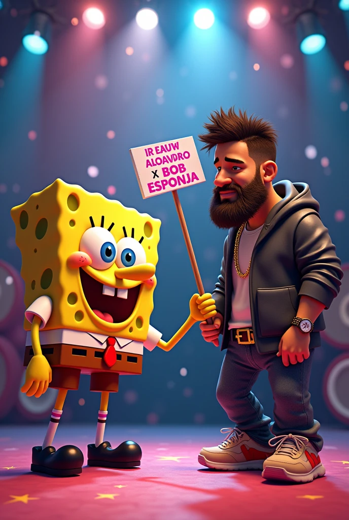 Create SpongeBob in an animated way on a stage with Rauw Alejandro in a realistic way, with a sign that says "RAW ALEJANDRO X BOB ESPONJA"