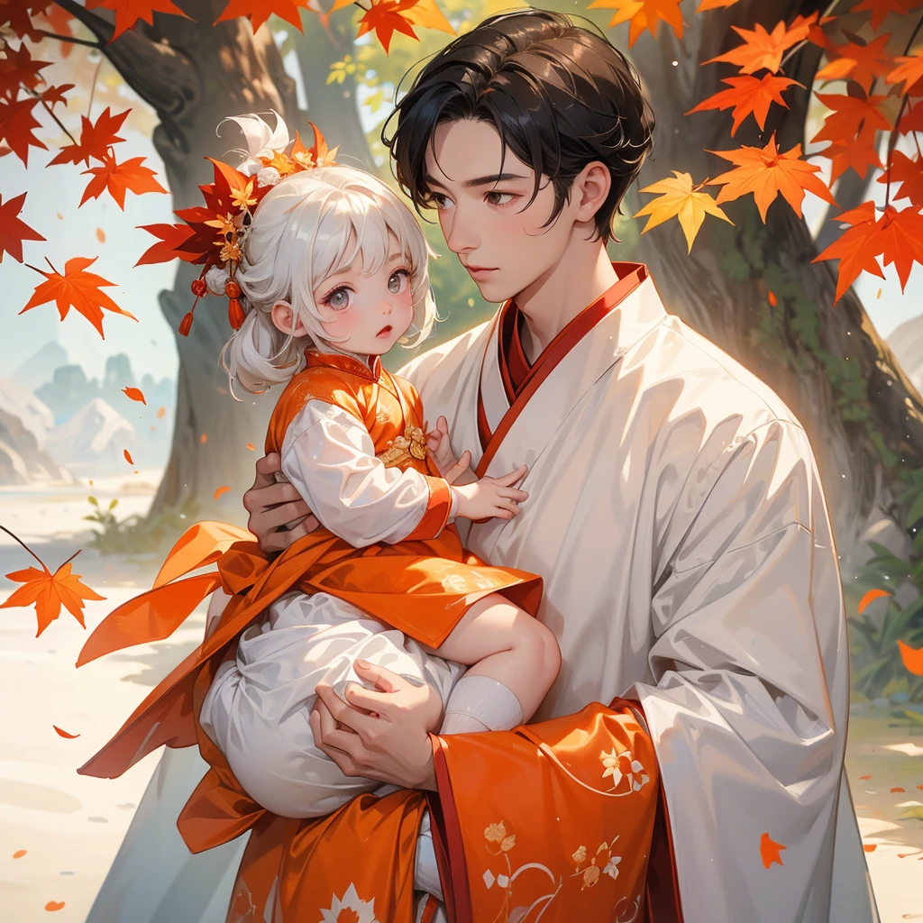 A one-year-old baby boy in white ancient Chinese baby costume with his beautiful mother, dressed in an ancient Chinese costume, The backdrop is a mountain that turns orange-red in spring, and maple leaves fall from the trees, playing with each other, with his handsome father standing next to his mother, close up