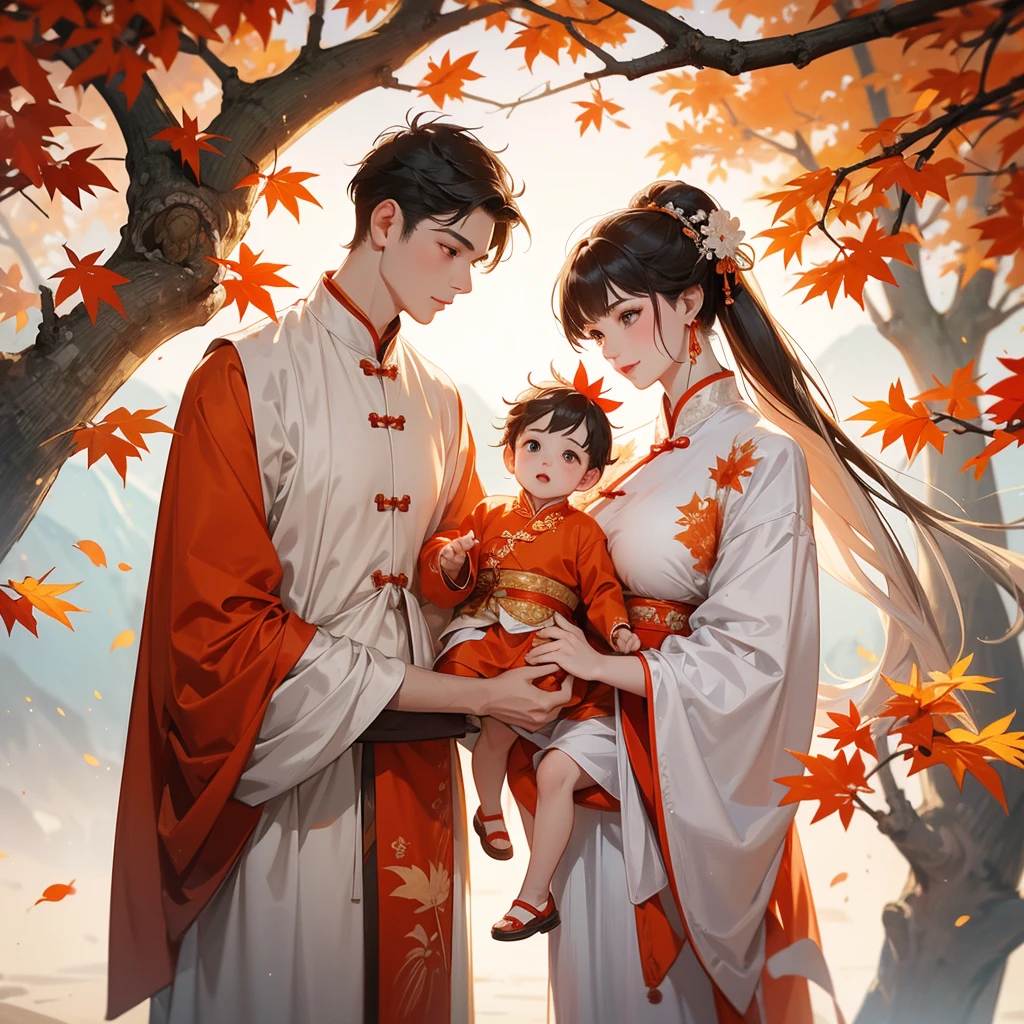 A one-year-old baby boy in white ancient Chinese baby costume with his beautiful mother, dressed in an ancient Chinese costume, The backdrop is a mountain that turns orange-red in spring, and maple leaves fall from the trees, playing with each other, with his handsome father standing next to his mother, close up