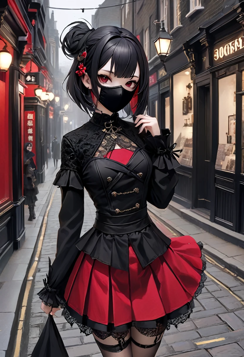Gothic Punk、The inside color is red、Black-haired、hair ornaments、Beautiful girl、creative、Dark Fantasy Style、Goth Dress,Tight mini skirt、Fine skin、Realistic textured hair、((Black Mask)),Whole Body Ezbian,19th century London streetscape, Complex clothing,