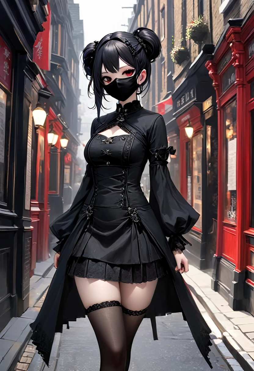 Gothic Punk、The inside color is red、Black-haired、hair ornaments、Beautiful girl、creative、Dark Fantasy Style、Goth Dress,Tight mini skirt、Fine skin、Realistic textured hair、((Black Mask)),Whole Body Ezbian,19th century London streetscape, Complex clothing,
