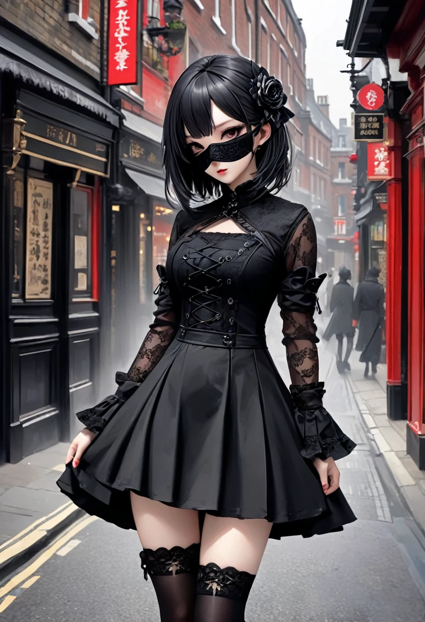 Gothic Punk、The inside color is red、Black-haired、hair ornaments、Beautiful girl、creative、Dark Fantasy Style、Goth Dress,Tight mini skirt、Fine skin、Realistic textured hair、((Black Mask)),Whole Body Ezbian,19th century London streetscape, Complex clothing, 