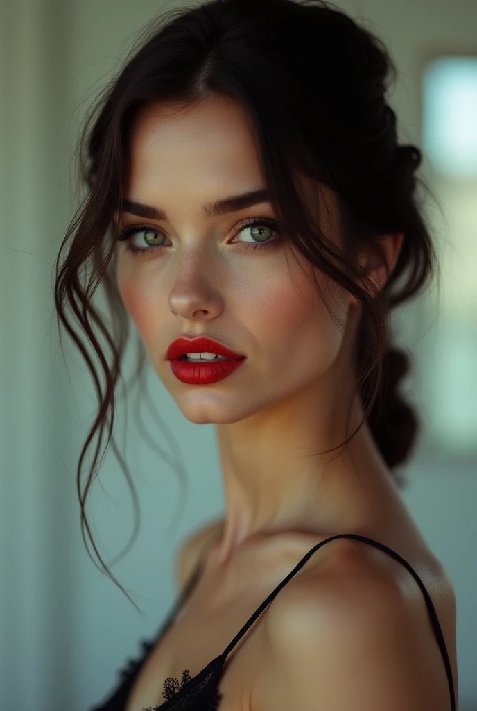 Make a photo of a beautiful girl with clean, shiny white skin. With a seductive clothing style. Thin, sexy red lips.