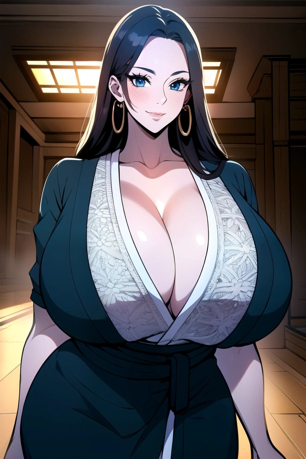 ultra realistic 8k cg, masterpiece, ((ultra detailed background,  intricate detail, highly detailed, fine details best quality, hyperdetailed face)), gigantic breasts ,beautiful lighting, absurdres, BoaHancockV2,  1girl, solo, (black hair), long hair, jewelry, closed mouth, ), cleavage, (short kimono : 1.1), (cleavage),, curvy, midriff, curvy, thighs, shiny clothes), blue eyes, complex detailed background, indoor, palace), ((cowboy shot)), curvy, (gigantic breasts: 1.1), seductive smile, cowboy shot, earrings, jewelry