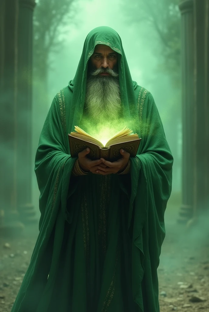 A man with a green cloak and a full beard, from the age of 500 AD. You can't recognize his face 100%. He holds the Koran in his hand. The Quran shines. The man is in heaven.