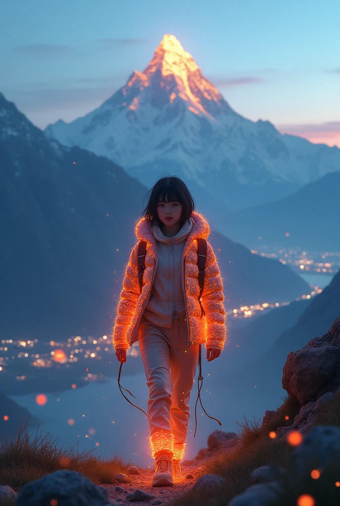 Beautiful Korean girl surrounded glowing lightand hiking in the mount everest, digital and particle elements in the background, cool style, futuristic atmosphere, warm tones, on the city lights, Short hair with bangs hanging down, high resolution photography, ratio parameterar 9:16 shot in camera canon