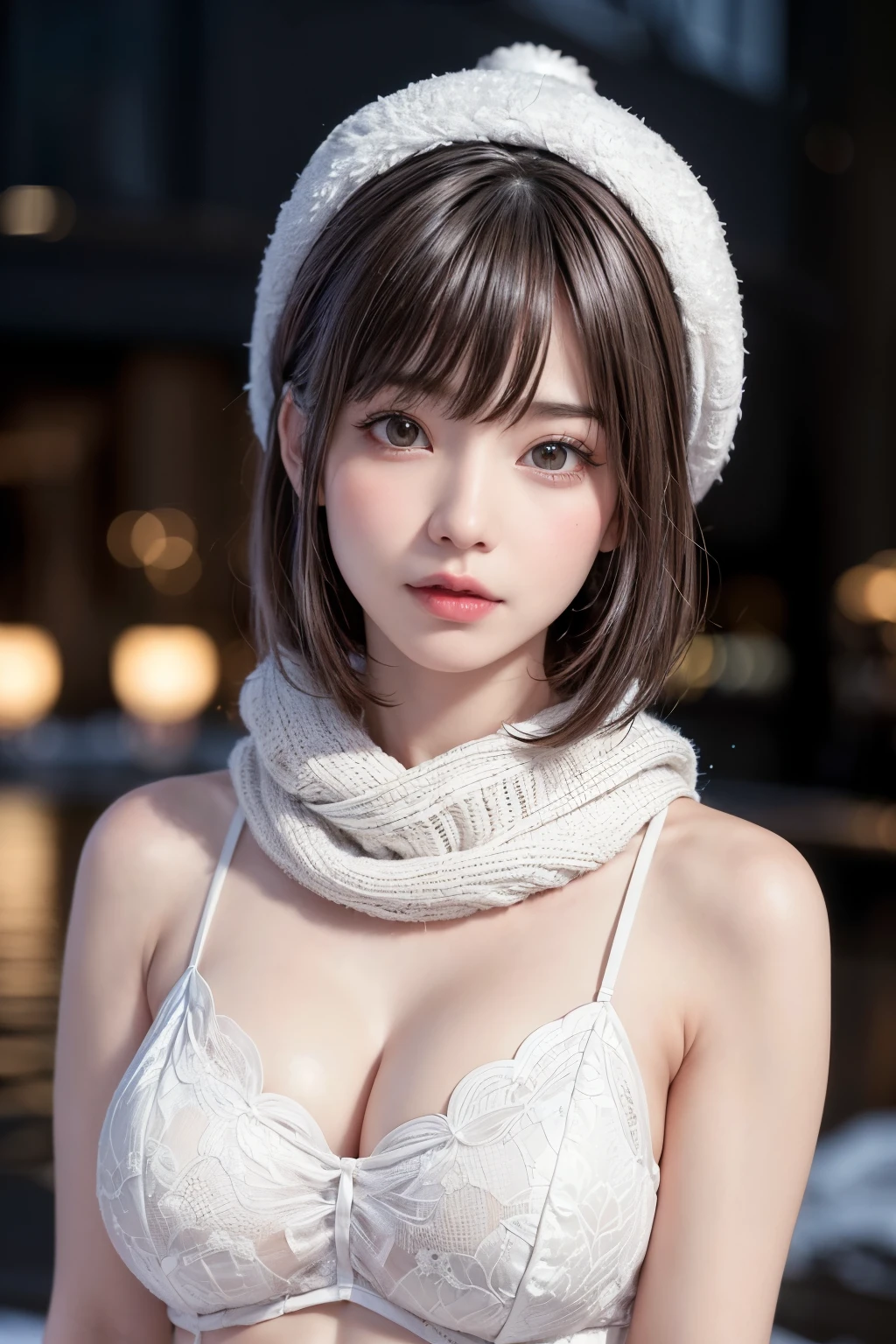 (masterpiece, Highest quality),One Girl, solo, Black-haired, scarf, hat, Realistic, Realistic, Looking at the audience, Light-coloured black eyes, Short brunette bob hair, Brown coat, Winter clothes, White headscarf, Lips, Bans, Plein Air, Mouth closed, Upper body、Big eyes、Eyelashes、((Beautiful landscape with sparkling snow、Beautiful snowy landscape background with no people around))、(((Short bob hair with bangs、Shiny Hair、Big eyes、large full chest、Intensely accentuates the eyes、Staring at the audience、Beautiful beauty、Listen carefully、Long neck、Smile a little、Please close your mouth and laugh、Ideal body proportions)))、{huge|big|hugeな|Mega} chest:2, chestの谷間:2、