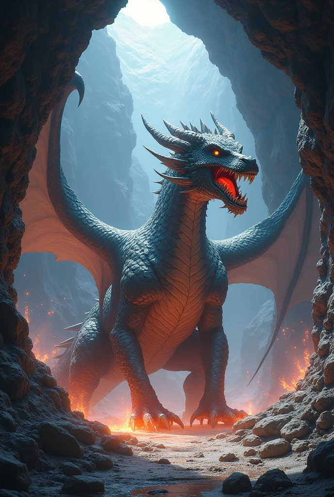 a fierce dragon defending the entrance to an ancient treasure cave, using its claws, tail, and magical powers to repel intruders, detailed fantasy illustration, (best quality,4k,8k,highres,masterpiece:1.2),ultra-detailed,(realistic,photorealistic,photo-realistic:1.37),detailed fantasy dragon, intricate scales, sharp fangs, powerful claws, sweeping tail, magical energy glowing, dramatic lighting, rich colors, dramatic composition, ethereal atmosphere, award winning concept art