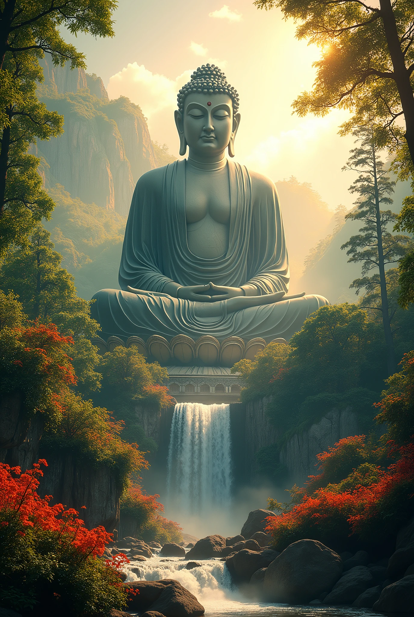 "Create an award-winning, masterpiece image featuring a low-angle view of a massive, majestic Buddha statue. The statue towers above, exuding an aura of serenity and wisdom, with its grandeur further emphasized by the low perspective. Sunlight filters through the surrounding trees, creating a beautiful Tyndall effect with rays of light illuminating the statue, while a gentle sun glare enhances its divine presence.

The environment around the Buddha is lush and vibrant, with beautiful flowers in bloom, adding splashes of color. Tall, graceful trees frame the scene, their leaves swaying gently in the breeze. A cascading waterfall flows nearby, its sparkling waters adding a soothing, tranquil element to the composition.

This low-angle view should emphasize the immense size and majesty of the Buddha statue, making it the undeniable focal point of the scene. The harmonious blend of light, nature, and water creates a breathtaking, visually delightful masterpiece that captures both the overwhelming majesty and peacefulness of the setting."
