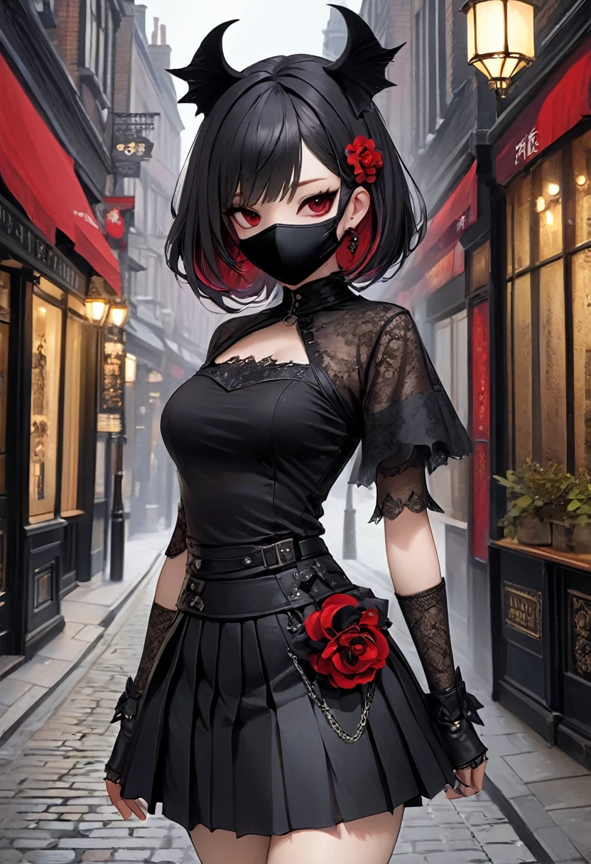 Gothic Punk、The inside color is red、Black-haired、hair ornaments、Beautiful girl、creative、Dark Fantasy Style、Goth Fashion 1:2,Tight mini skirt、Fine skin、Realistic textured hair、((Black Mask)),Whole Body Ezbian,19th century London streetscape, Complex clothing,