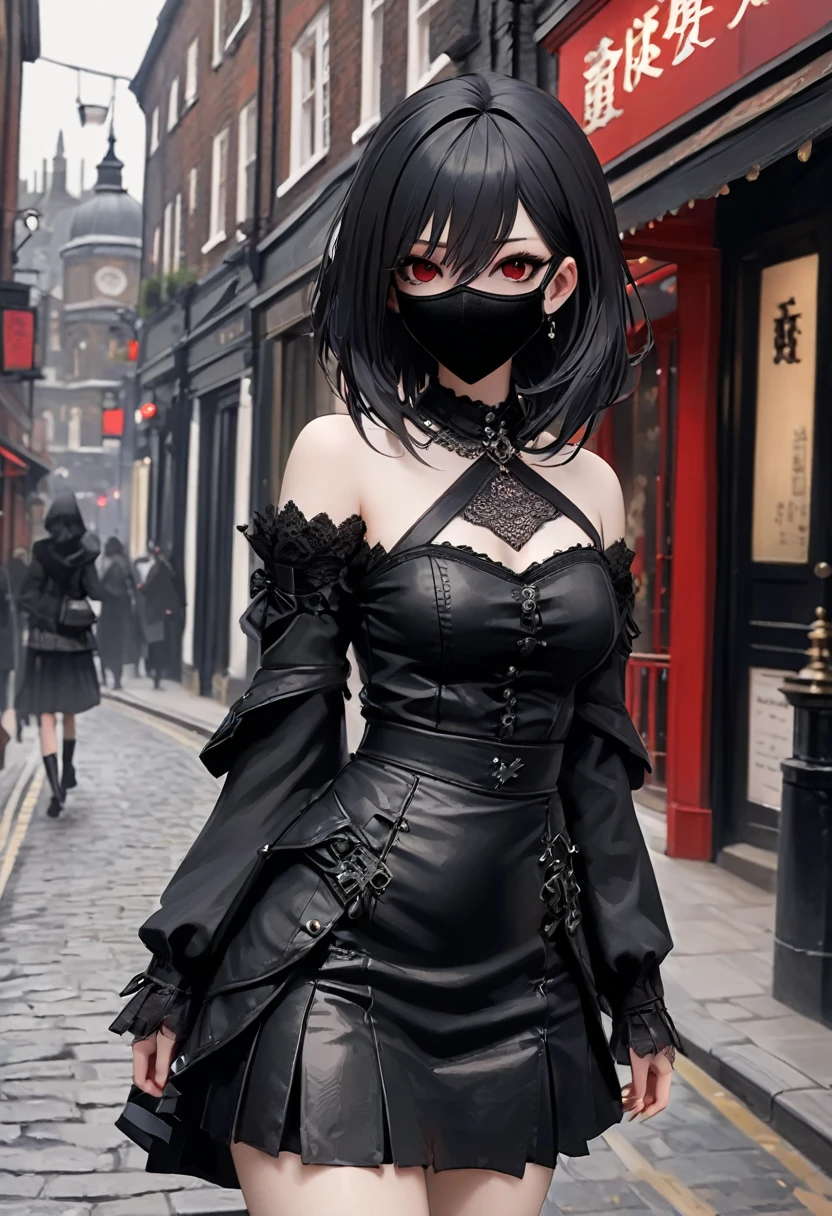 Gothic Punk、The inside color is red、Black-haired、hair ornaments、Beautiful girl、creative、Dark Fantasy Style、Goth Fashion 1:2,Tight mini skirt、Fine skin、Realistic textured hair、((Black Mask)),Whole Body Ezbian,19th century London streetscape, Complex clothing,