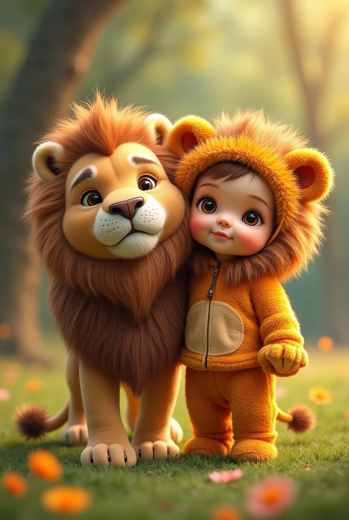 Baby parading in a cute lion outfit with a lion by his side
