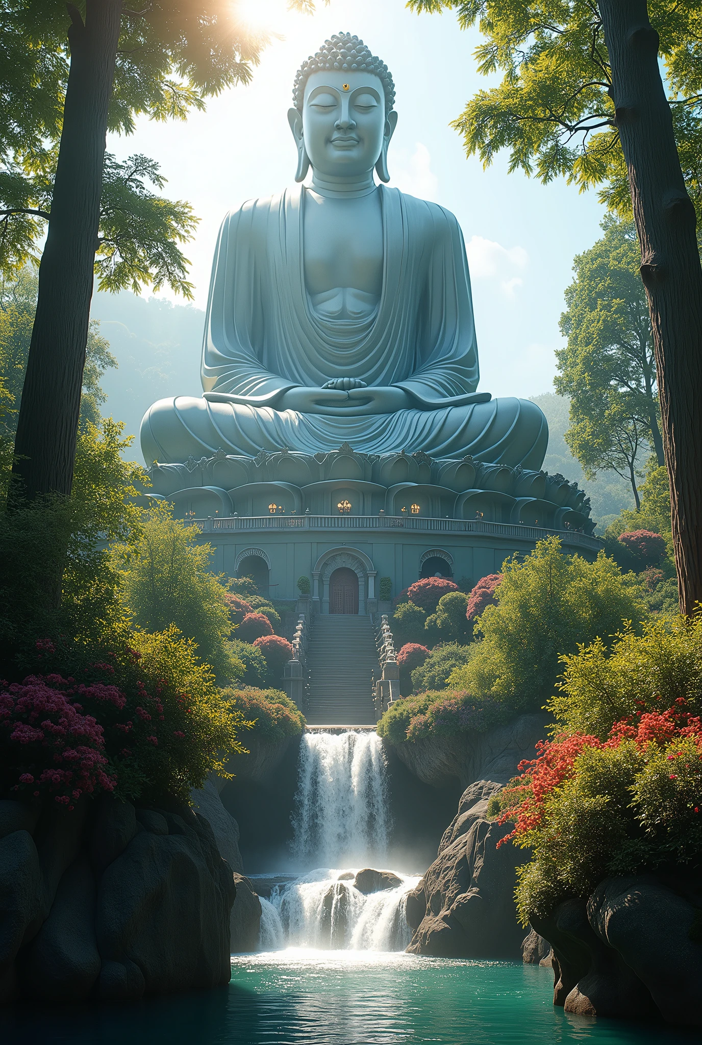 "Create an award-winning, masterpiece image featuring a low-angle view of a massive, majestic Buddha statue. The statue towers above, exuding an aura of serenity and wisdom, with its grandeur further emphasized by the low perspective. Sunlight filters through the surrounding trees, creating a beautiful Tyndall effect with rays of light illuminating the statue, while a gentle sun glare enhances its divine presence.
The environment around the Buddha is lush and vibrant, with beautiful flowers in bloom, adding splashes of color. Tall, graceful trees frame the scene, their leaves swaying gently in the breeze. A cascading waterfall flows nearby, its sparkling waters adding a soothing, tranquil element to the composition.
This low-angle view should emphasize the immense size and majesty of the Buddha statue, making it the undeniable focal point of the scene. The harmonious blend of light, nature, and water creates a breathtaking, visually delightful masterpiece that captures both the overwhelming majesty and peacefulness of the setting."