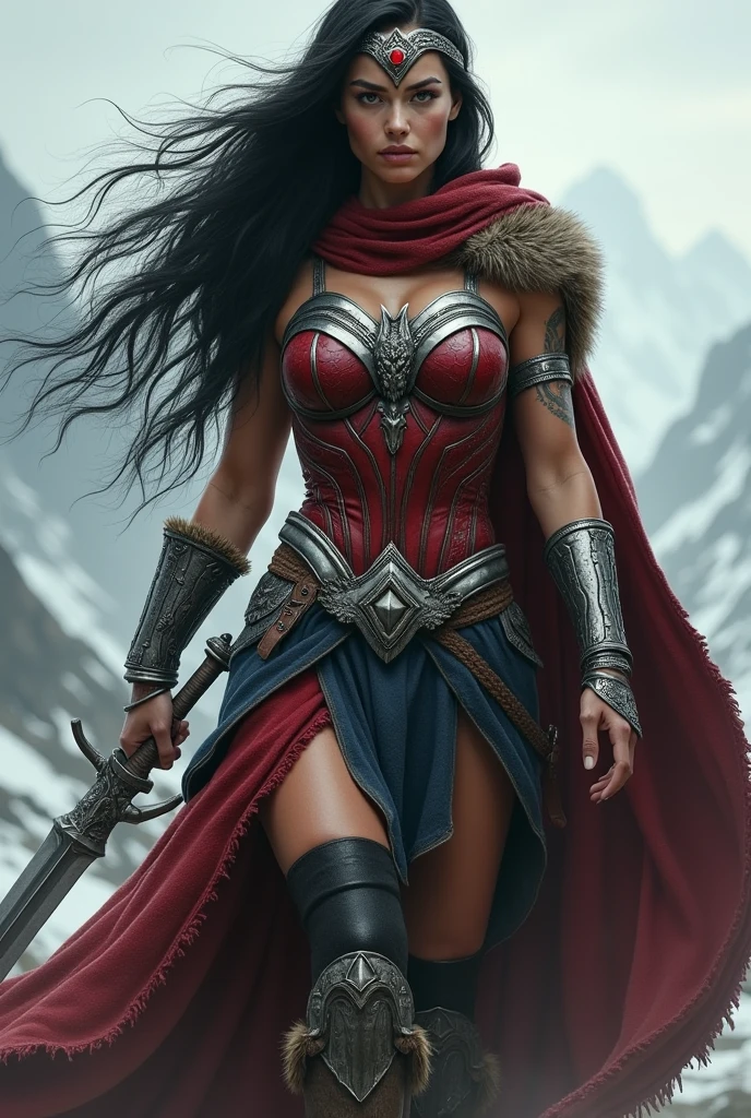 (((A beautiful woman with long black windblown hair under the cloak of the Amazon warrior Wonder Woman((((((Sheepskin skirt sobre Black legis)))))),(((Red corset with a wide silver metal eagle covering her breasts as an emblem))),(((Dark silver metal bracelets))),(((Red sheepskin boots long up to his knees with sheepskin on the edge)),(((Sheepskin on his shoulders))),(((Tattoos on one of her arms and a wide silver metal headband with a red star ruby on her forehead)))Giant Viking style sword in his hand))),(((Wonder Woman Vikingo))),(((Black legis))),((((((Red boots in sheepskin with beige trim)))))),((((((Sheepskin skirt)))))),((((((((Sheepskin skirt)))))))),(((((Sheepskin boots)))))