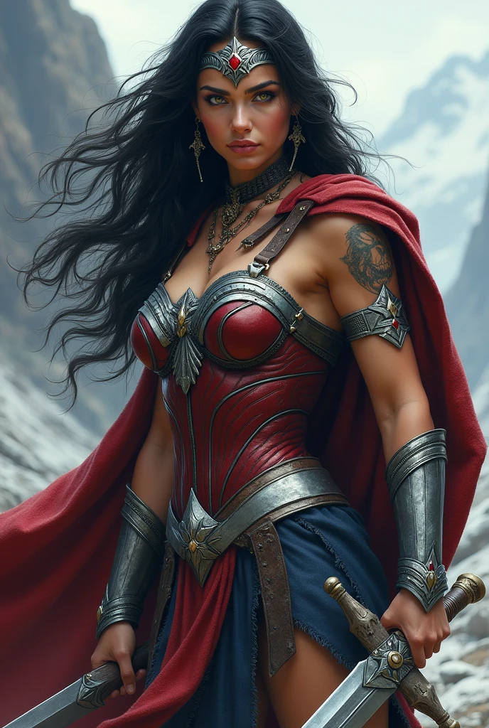 (((A beautiful woman with long black windblown hair under the cloak of the Amazon warrior Wonder Woman((((((Sheepskin skirt sobre Black legis)))))),(((Red corset with a wide silver metal eagle covering her breasts as an emblem))),(((Dark silver metal bracelets))),(((Red sheepskin boots long up to his knees with sheepskin on the edge)),(((Sheepskin on his shoulders))),(((Tattoos on one of her arms and a wide silver metal headband with a red star ruby on her forehead)))Giant Viking style sword in his hand))),(((Wonder Woman Vikingo))),(((Black legis))),((((((Red boots in sheepskin with beige trim)))))),((((((Sheepskin skirt)))))),((((((((Sheepskin skirt)))))))),(((((Sheepskin boots)))))