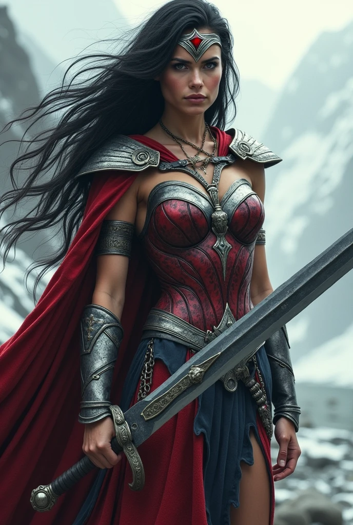 (((A beautiful woman with long black windblown hair under the cloak of the Amazon warrior Wonder Woman((((((Sheepskin skirt sobre Black legis)))))),(((Red corset with a wide silver metal eagle covering her breasts as an emblem))),(((Dark silver metal bracelets))),(((Red sheepskin boots long up to his knees with sheepskin on the edge)),(((Sheepskin on his shoulders))),(((Tattoos on one of her arms and a wide silver metal headband with a red star ruby on her forehead)))Giant Viking style sword in his hand))),(((Wonder Woman Vikingo))),(((Black legis))),((((((Red boots in sheepskin with beige trim)))))),((((((Sheepskin skirt)))))),((((((((Sheepskin skirt)))))))),(((((Sheepskin boots)))))