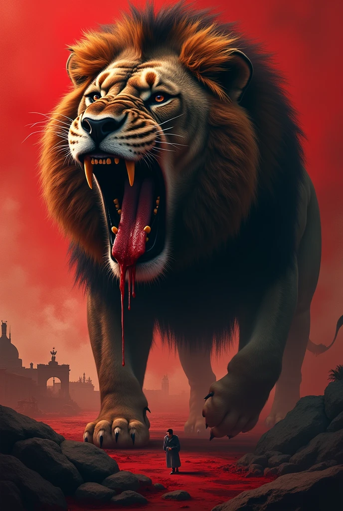 Create a movie poster about the blockade in history, which has to include the lion symbolising the Soviet Union with Berlin and the three western powers in its bloody mouth. Make it look like a movie poster and make it look really scary. Make a symbol of Berlin and the three western powers in the lions mouth containing blood in the mouth