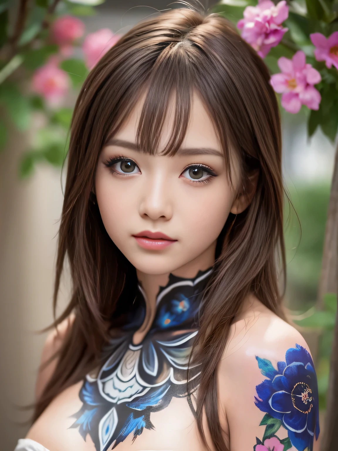 One Girl, (Beautiful girl, Delicate:1.3), (:1.3),
break, (art, Full body paint, Floral:1.3), publish nudes,
break, (background is art:1.3),
break, Very beautiful eyes, (Symmetrical eyes:1.3),
break, (Small breasts:0.5), Brown eyes, parted bangs, Brown Hair, (Upper teeth, The best smile:0.2),
break, (Eye and facial details:1.0),
break, (masterpiece, Highest quality, Super detailed, Detailed face, 8k)