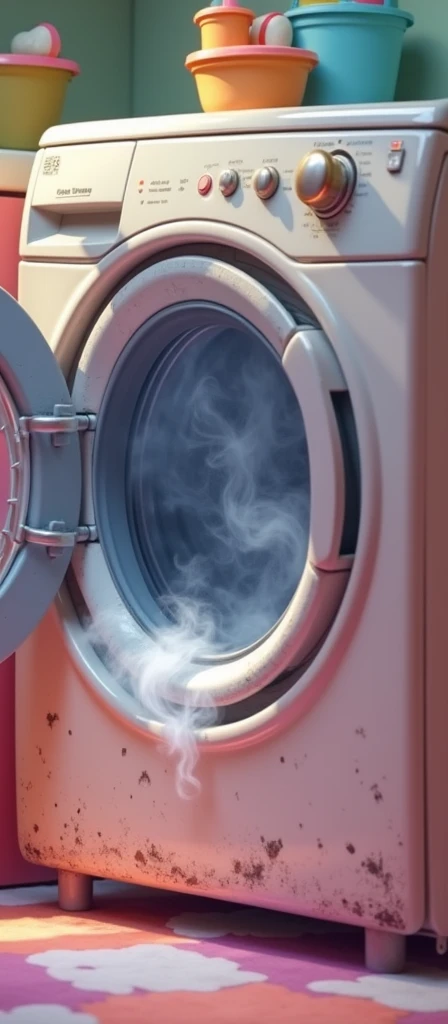 washing machine door with a bad smell from the inside, in the style of an animated film