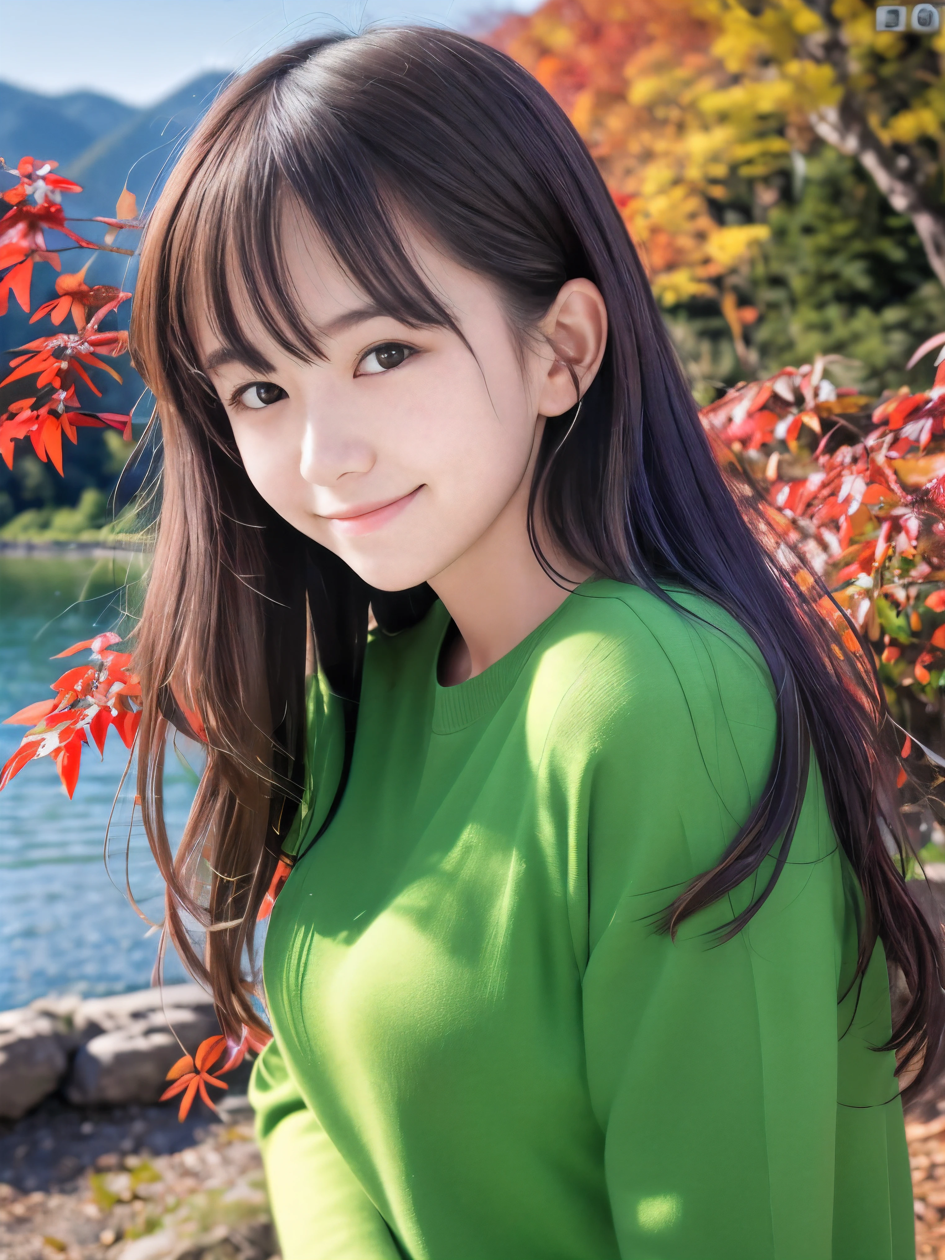 (Close up face shot of one slender small breasts half up brown long hair with bangs girl in a long sleeves shirt and sweater:1.5)、(One girl is leaning forward with happy smile on the dart road near the lake and big waterfall in Japan:1.5)、(Beautiful autumn red leaves and mountain view:1.5)、(Natural light:1.5)、(8k ultra detailed master piece:1.5)、(perfect anatomy:1.5)、(Photorealistic stick:1.5)、(Raw photo:1.3)、(highest quality:1.5)、(High resolution:1.3)、(Delicate and beautiful perfect face:1.3)、(Delicate and beautiful eye air skin:1.3)、(Real Human Skin:1.3)、((thin legs))