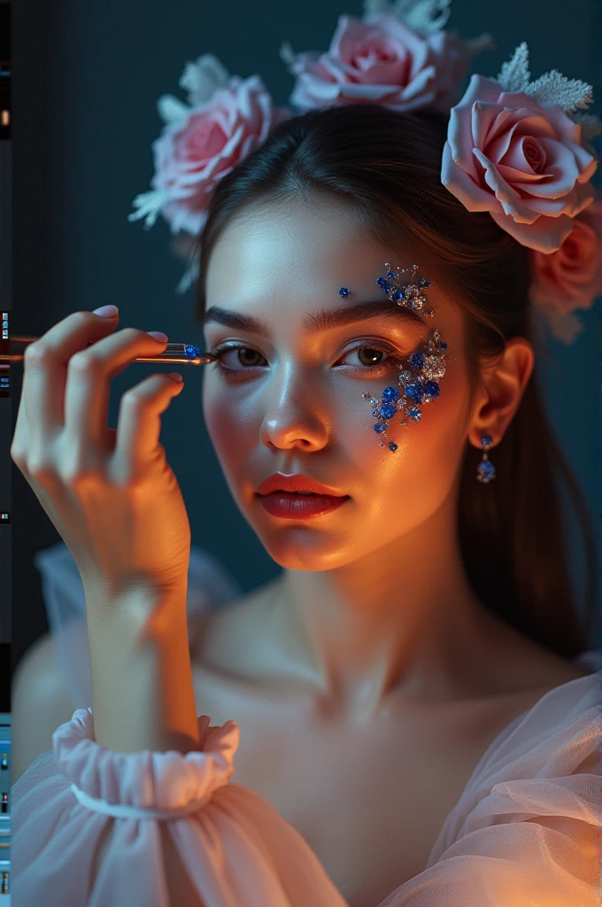 A woman putting on makeup that combines roses and sapphires