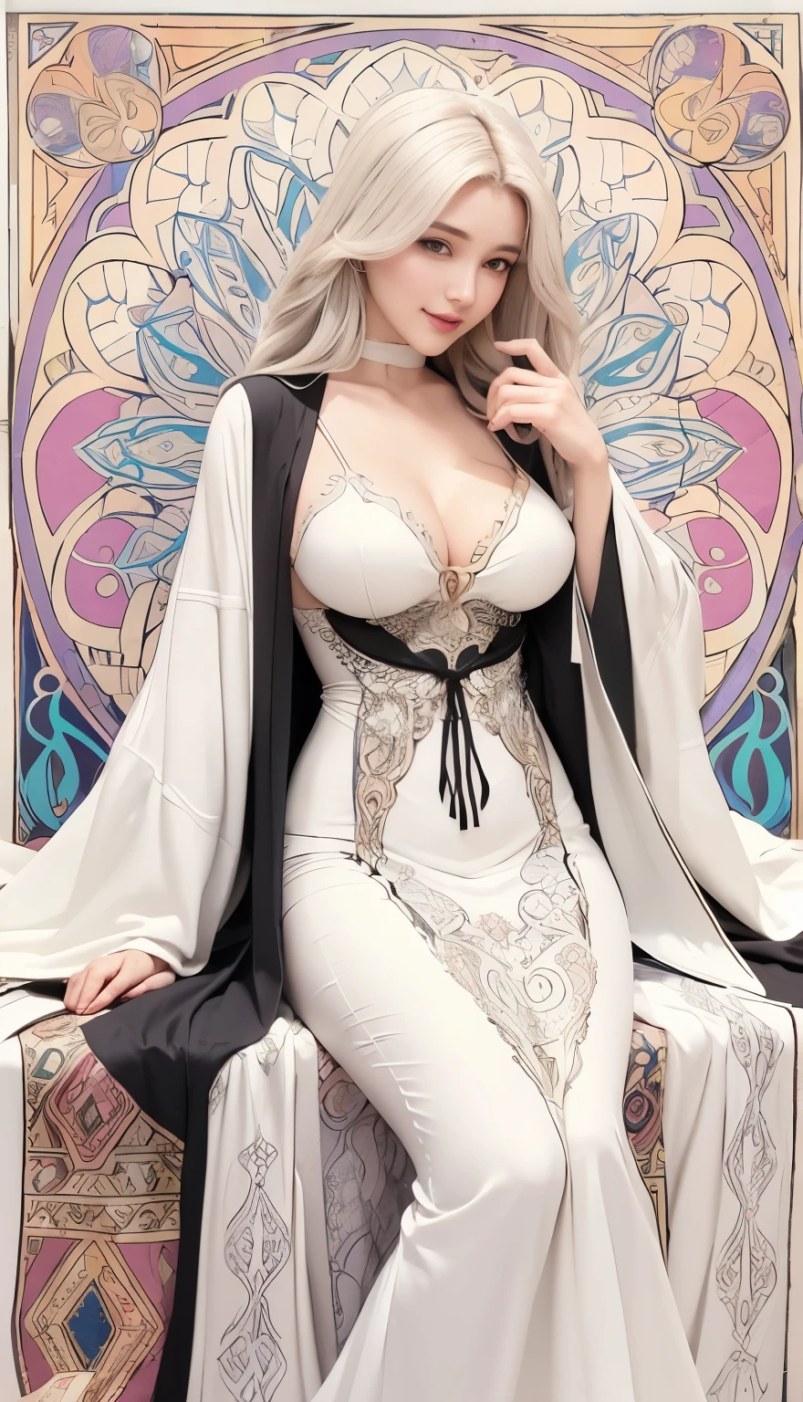 Coloring Book Pages Coloring Art, Beautiful fairy,White Soft Wavy Hair,Lying on the ground,full-body shot,Showing thighs,Art Nouveau patterned rug, Use only contours, Line Art, Coloring Book, Clean Line Art,, Sexy ethnic ancient element apron(Top-tier sexy clothing design,Exquisite clothing details:1.3), ((Cami White )), (Delicate face), Small lips,(Smile:1.1,) ((Abaya,))Exquisite details:1.5(Beautiful big breasts:1.2), Simple and clean Line Art, With Alphonse Mucha's brush, Perfect details,{Black and white line drawing:1.4},(jewelry:1.2,tassel:1.37),Artistic style line pattern background,