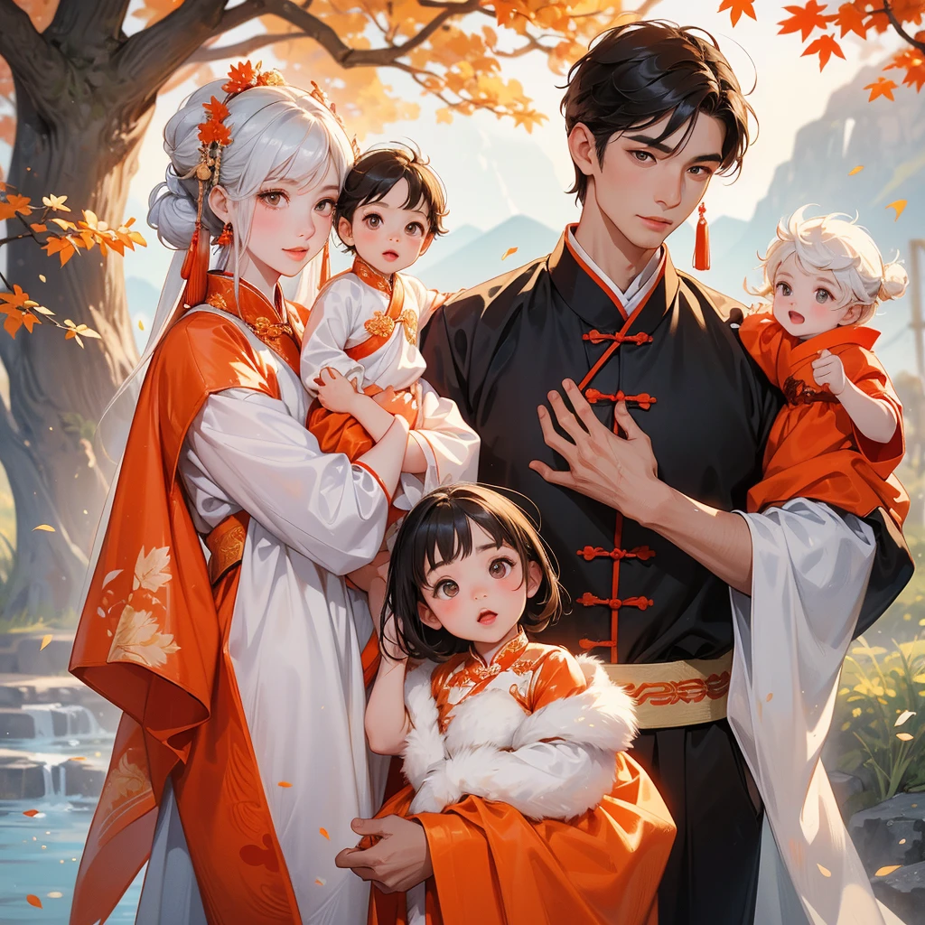 A one-year-old baby boy in white ancient Chinese baby costume with his beautiful mother, dressed in an ancient Chinese costume, The backdrop is a mountain that turns orange-red in spring, and maple leaves fall from the trees, playing with each other, with his handsome father standing next to his mother, close up