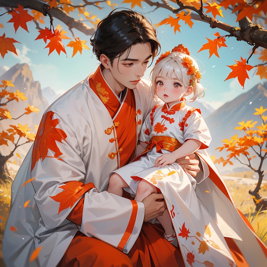 A one-year-old baby boy in white ancient Chinese baby costume with his beautiful mother, dressed in an ancient Chinese costume, The backdrop is a mountain that turns orange-red in spring, and maple leaves fall from the trees, playing with each other, with his handsome father standing next to his mother, close up