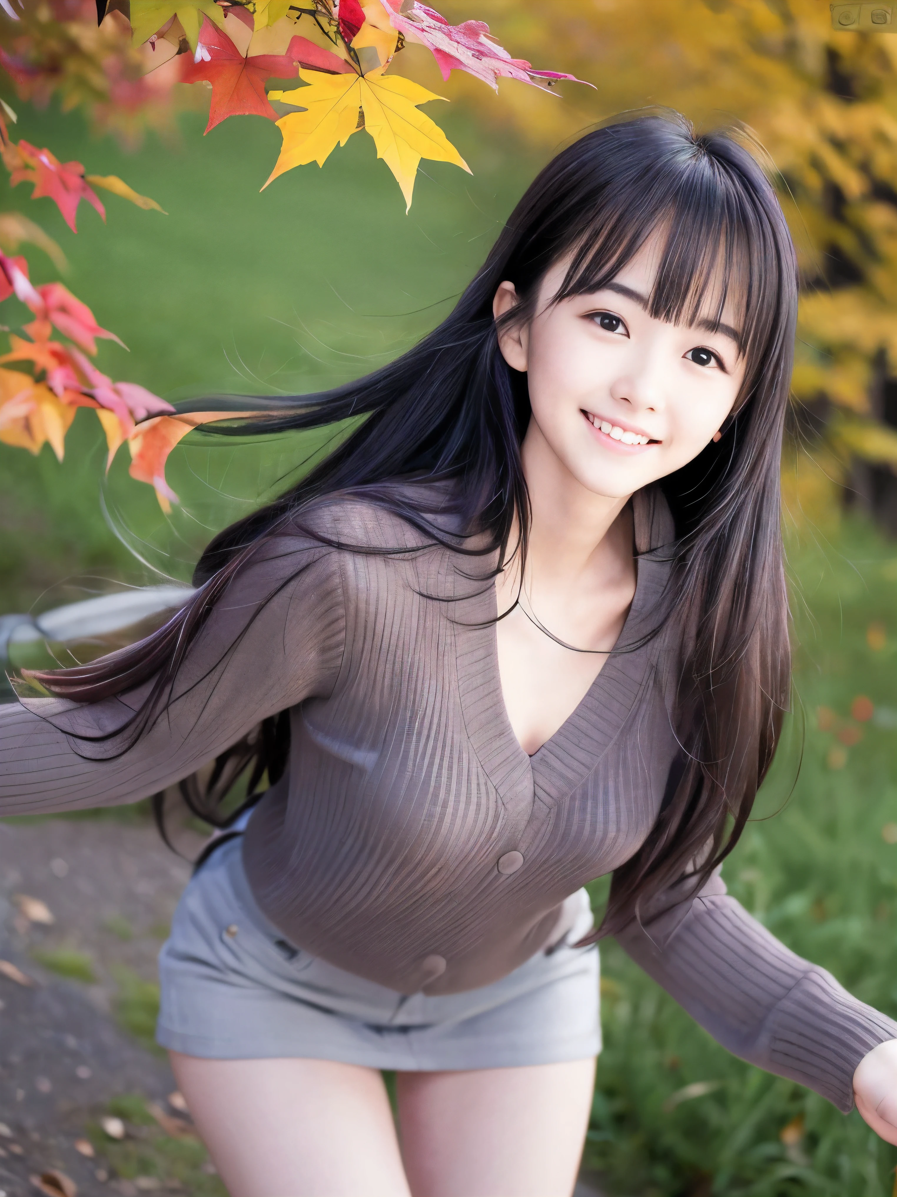 (Close up face shot of one slender small breasts half up brown long hair with bangs girl in a long sleeves shirt and sweater:1.5)、(One girl is leaning forward with happy smile on the dart road near the lake and big waterfall in Japan:1.5)、(Beautiful autumn red leaves and mountain view:1.5)、(Natural light:1.5)、(8k ultra detailed master piece:1.5)、(perfect anatomy:1.5)、(Photorealistic stick:1.5)、(Raw photo:1.3)、(highest quality:1.5)、(High resolution:1.3)、(Delicate and beautiful perfect face:1.3)、(Delicate and beautiful eye air skin:1.3)、(Real Human Skin:1.3)、((thin legs))