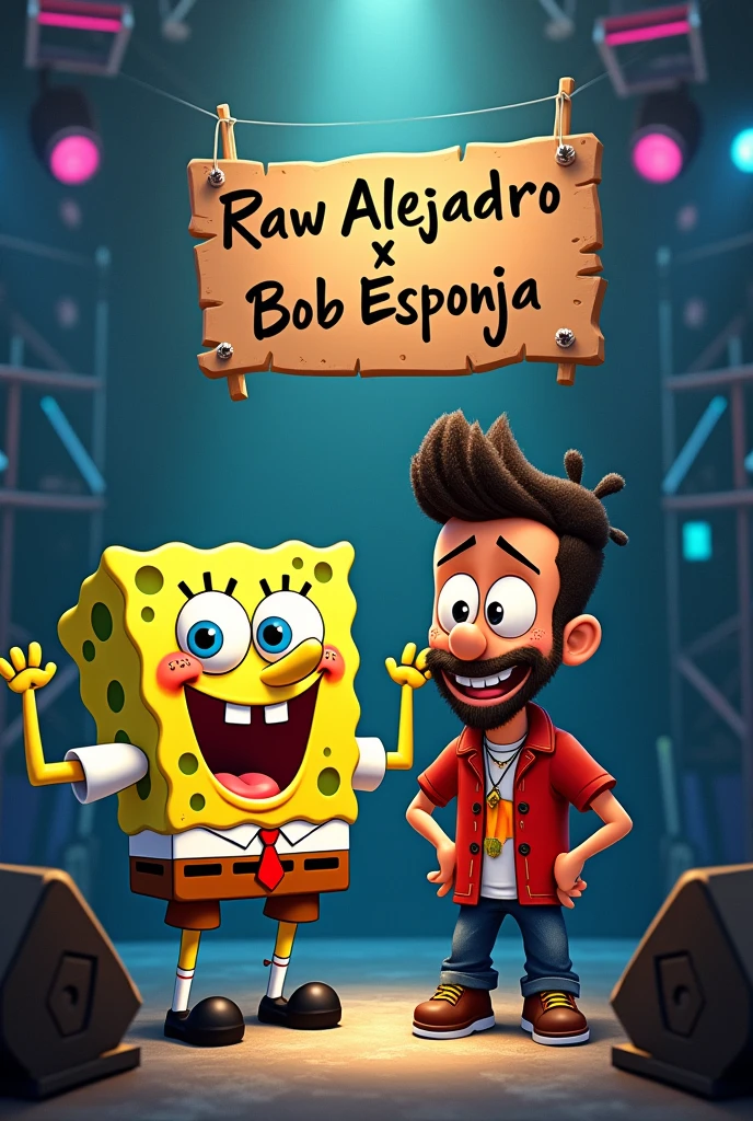 Create SpongeBob in an animated way on a stage with the singer Rauw Alejandro in a realistic way, with a sign that says "RAW ALEJANDRO X BOB ESPONJA"