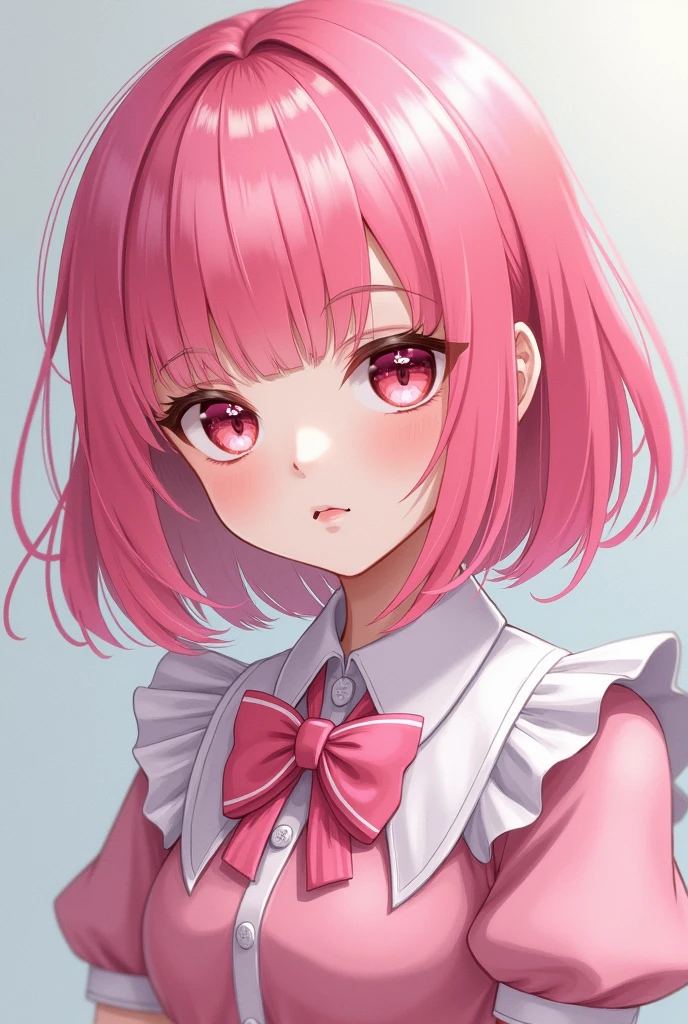 Girl with pink hair, white bangs and pink shirt with ribbon and white sleeves 

