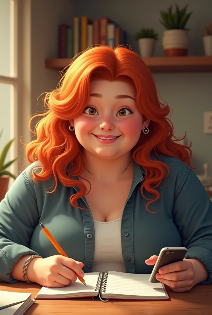 redheadwear, fat teenager, by phone, using notebook, in house, studying happily
