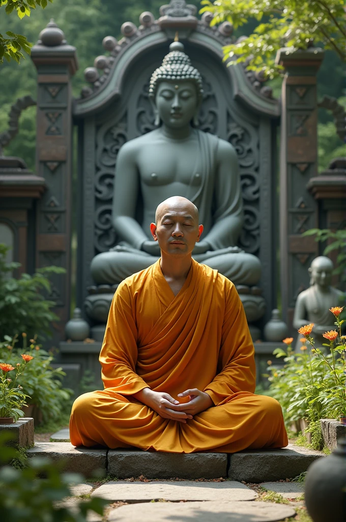 A hyper-realistic image of a serene Buddhist monk in saffron robes sitting cross-legged in a peaceful temple garden. He is speaking with a calm expression, his hands in a meditative gesture. Behind him, ancient stone carvings and a large Buddha statue create a tranquil atmosphere.