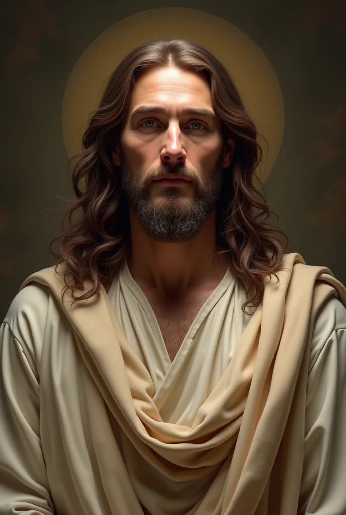 Create an ultra-realistic image of Jesus Christ from the waist up, focusing on a frontal view of the bust. Jesus should be depicted with traditional features, including long, flowing hair and a beard. His expression should convey a sense of peace and compassion. He should be wearing a simple, yet elegant robe with soft, natural folds and textures. The background should be neutral or subtly thematic to enhance the figure, with soft, divine lighting to highlight the details and textures of his appearance. Ensure that Jesus’ serene and compassionate expression, along with his dignified presence, are clearly captured from the frontal perspective.