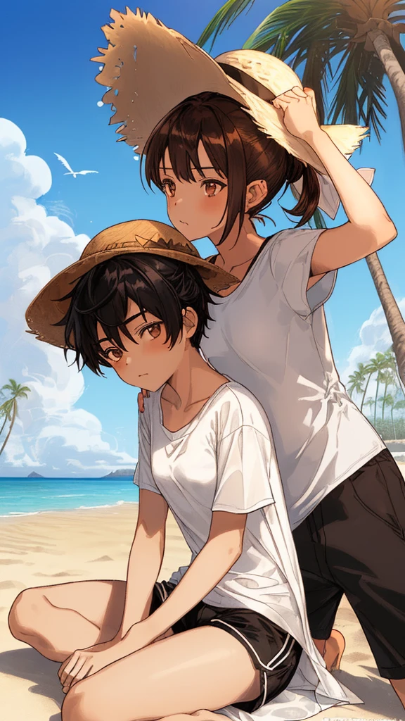 (((couple))), ((hetero couple))
sitting on the sand, ((1boy, brown eyes, black hair, spike hair, white t-shirt, black shorts bermuda))
sitting on a rock, ((1girl, brown eyes, brown hair, hair up, summer hat, small breasts, white dress)), beach sand, sea, waves, clouds, seagulls, sunny day, palm trees