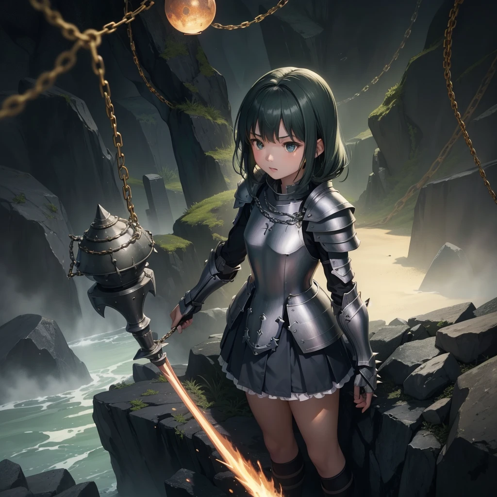 最high quality、high quality、Simple Cloth Armor、１０Year-old girl adventurer、Equipped with a weapon that has a short chain at the end of a stick and a spiked iron ball at the end of the chain、In a dark maze、Dark green armor