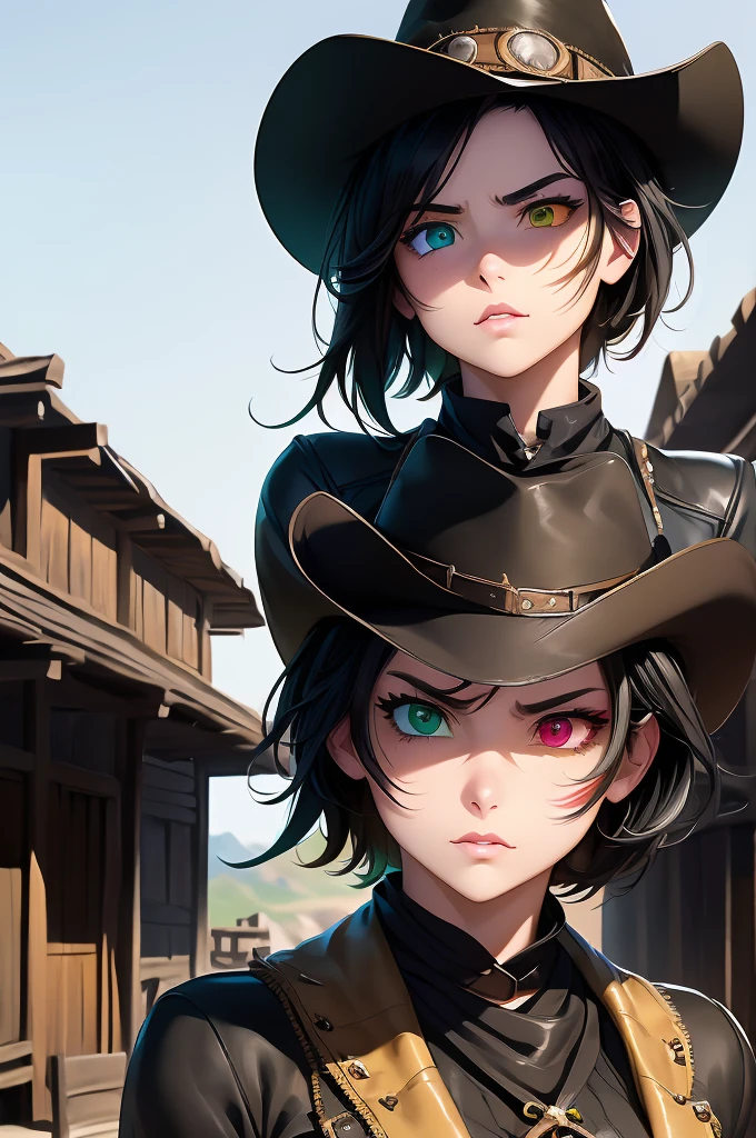 ((high quality anime art style)),((wild west setting)),town,1 ((cowgirl)),short black hair,((detailed green heterochromia eyes)),luscious lips,((beautifully detailed gorgeous face)),((serious determined expression)),((perfect body)),((black cowgirl hat)),((black cowgirl outfit)),((facing viewer)).