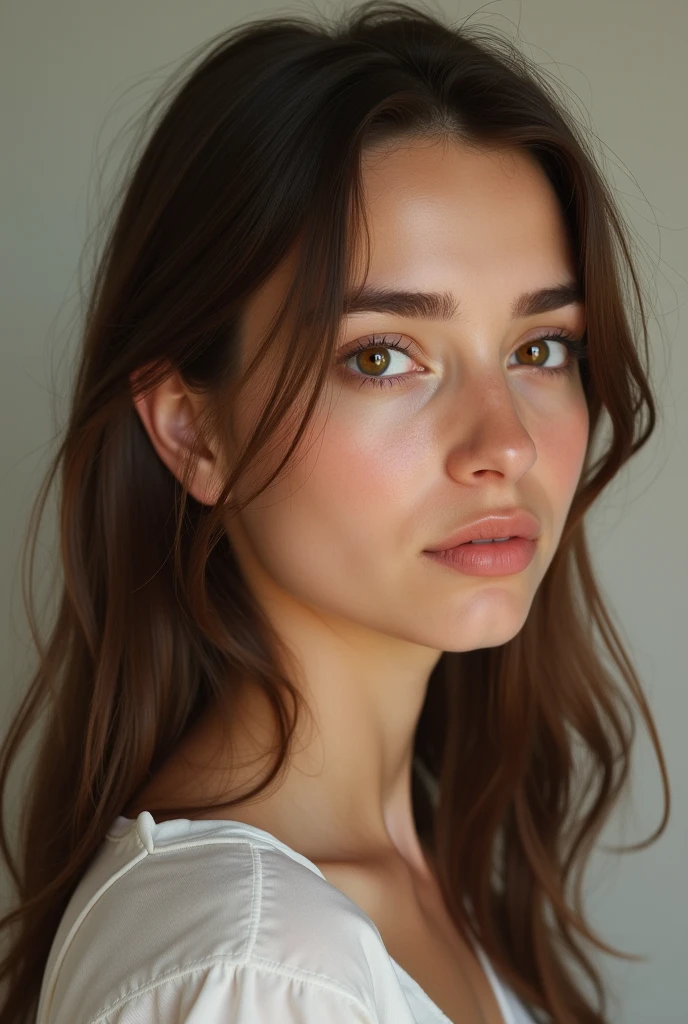 Young French woman, brown straight hair, Brown eyes, visage naturel, face only