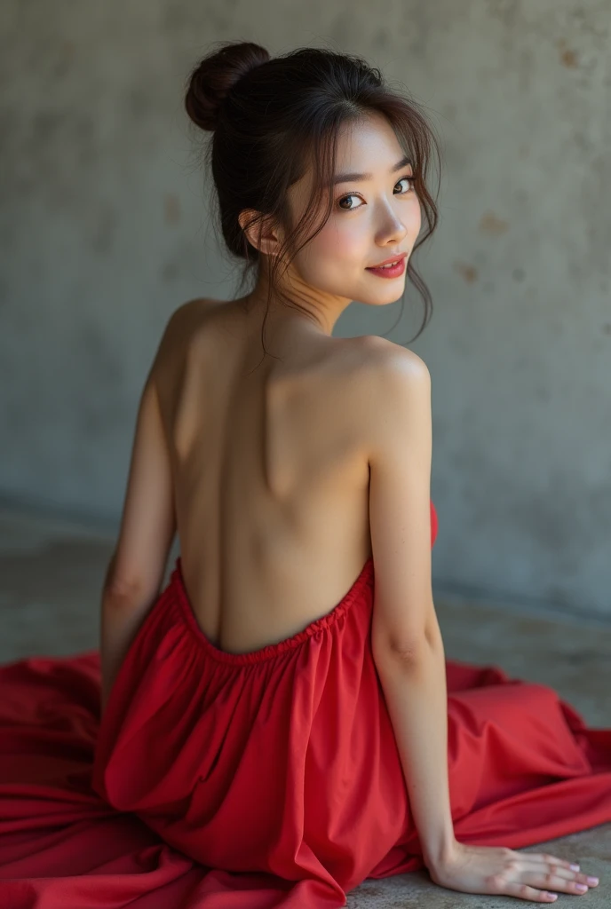 (Highest quality:1.4),(masterpiece:1.4),(Realistic:1.4),(Realistic:1.2),(超High resolution, RAW Photos:1.4),(High resolution, Very detailed:1.2),(8k:1.2),photograph,(Shot from behind:1.3)、Korean women、brown hair photos,One Woman,alone,(In red color underwear),Very large breasts,((Thigh to head shot:1.3))、(((topless、You can see her large breasts from the side.)))、((Toothy smile))、((Very large breasts:1.4))、Realistic skin textures、Slightly freckled、Slender figure、Realistic skin textures、((background,Concrete wall:1.3)),(topless,横からBreasts are visible:1.6),(beautiful dress,red)、3 woman、The angle at which the nipple is not visible、((Updo long hairstyle))、((red, dress slip:1.4))、Correct toes、Detailed facial features、pussy pose on the floor、Hands on the floor、(Long slips cover the soles of the feet:1.3),The buttocks are visible、Breasts are visible、Her breasts are visible from the side of her slip, giving random poses,naked,looking at camera