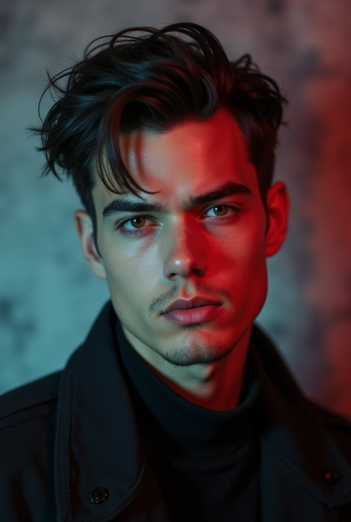 Create a high-resolution, artistic portrait of a handsome young man with a strong jawline and well-groomed hair. His pose should be dynamic and stylish, with a confident, slightly seductive expression. Incorporate artistic elements like dramatic lighting or a subtle, creative background to enhance the overall effect while ensuring the face remains the focal point. The image should have a cool and edgy vibe, perfect for a display picture."