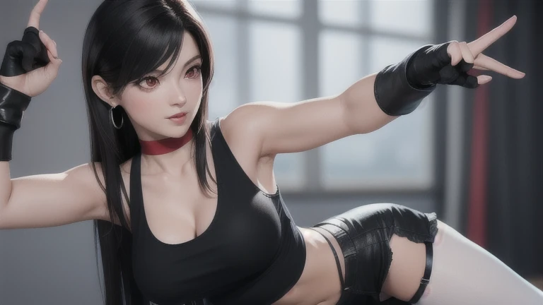 (best quality,ultra-detalhado),(Realistic:1.37),Tifa Lockhart, Rosto bonito e detalhado, maquiagem preta nos olhos, expression serious, textura ultra realista, rosto delicado, corpo delicado, Fit physique, usando batom e brilho labial