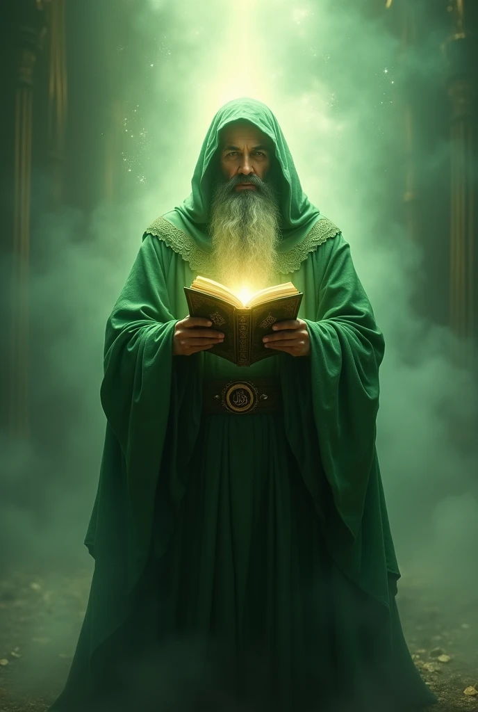 A man with a green cloak and a full beard, from the age of 500 AD. You can't recognize his face 100%. A light comes from his face. He holds the Koran in his hand. The Quran shines. The man is in heaven.