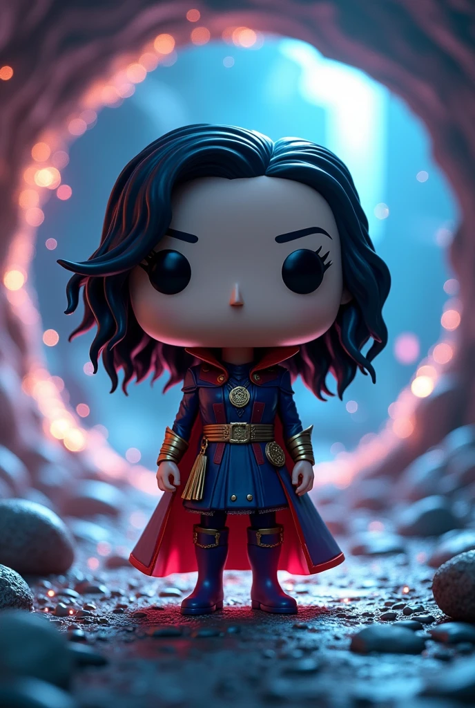 a female version of dr. strange, black hair, pale skin, black eyes, funko pop figure, traversing a portal, intricate details, high quality, photorealistic, cinematic lighting, dramatic composition, vibrant colors, surreal atmosphere, epic fantasy, digital art