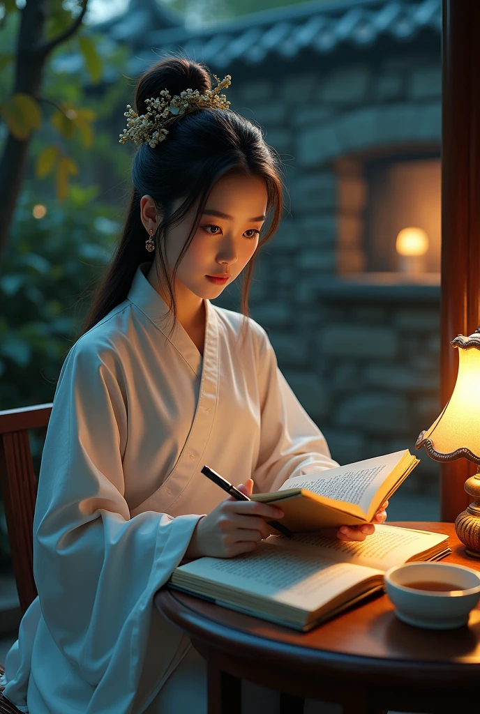 a photo：Shot with Canon EOS camera，Shoot with a wide-angle lens，A beautiful girl in traditional Chinese clothing in a quiet night，In a garden surrounded by ancient walls，Reading ancient Chinese books under the lamp on the low table。,((She holds a pen in her right hand，Left hand on the table)),((masterpiece)),Practical,4K,Extremely detailed,((Beautiful big eyes))