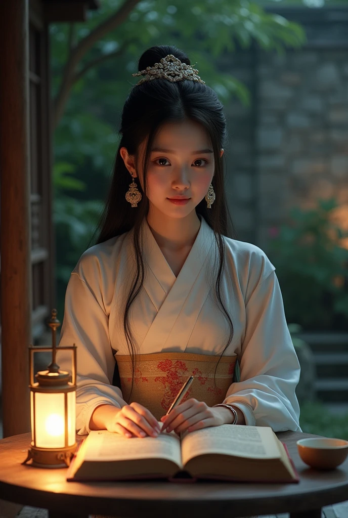 a photo：Shot with Canon EOS camera，Shoot with a wide-angle lens，A beautiful girl in traditional Chinese clothing in a quiet night，In a garden surrounded by ancient walls，Reading ancient Chinese books under the lamp on the low table。,((She holds a pen in her right hand，Left hand on the table)),((masterpiece)),Practical,4K,Extremely detailed,((Beautiful big eyes))