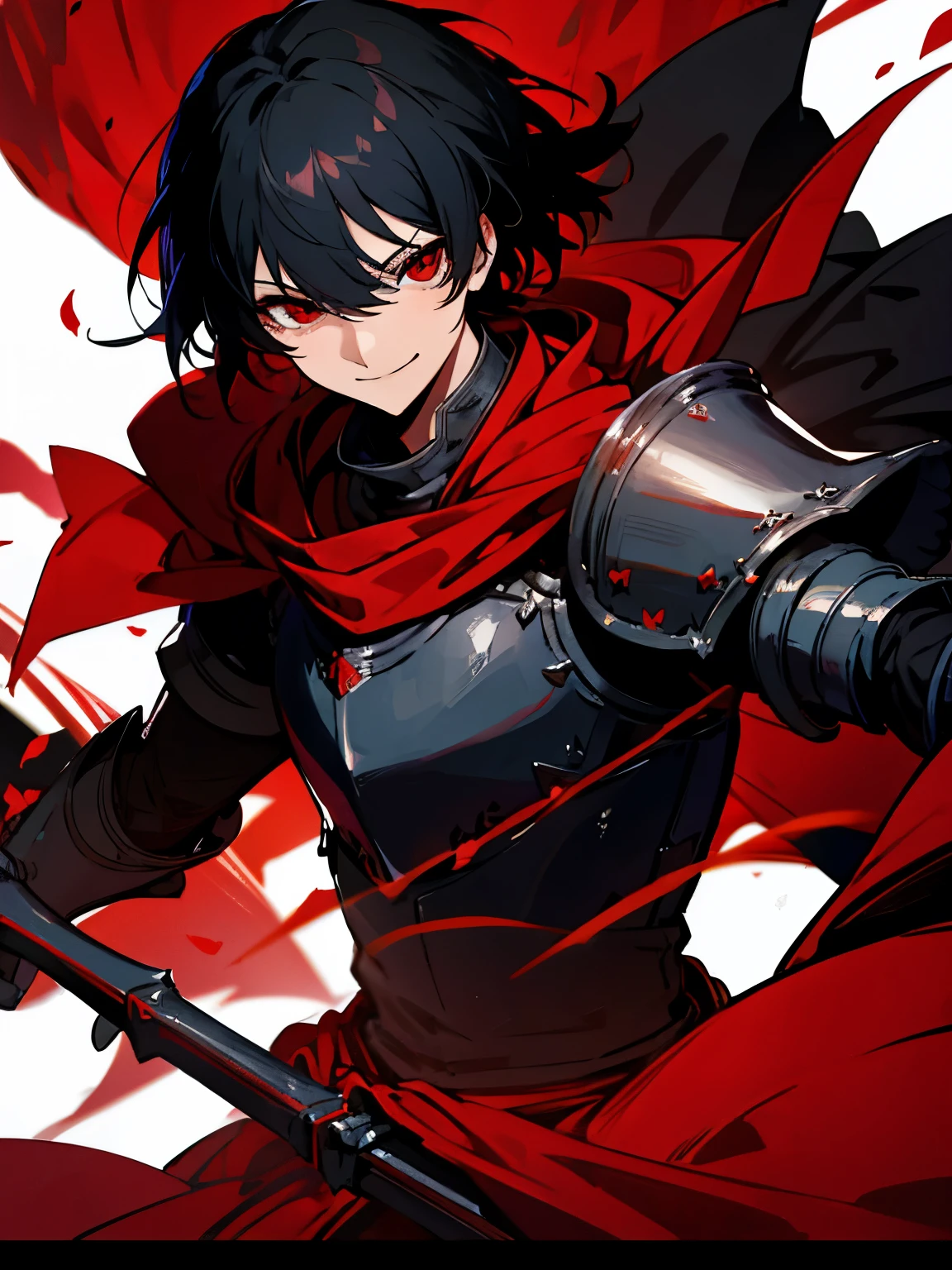 Knight Rohit, black hair, red eyes, cool, red shawl, smile, black iron armor