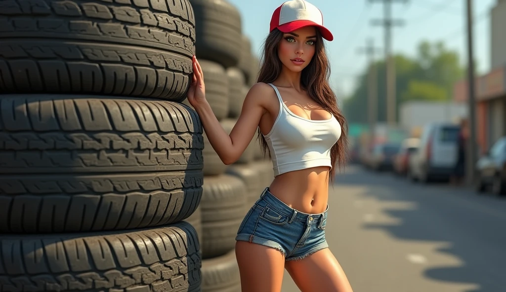 Very realistic and detailed photo of a young and very sexy woman with long brown hair, which are gathered into a ponytail. She has very beautiful and attractive facial features and green eyes.. The face is very detailed, eyes and mouth. Beautiful sexy body with big breasts and slender long legs. She is a car mechanic and is wearing short, tight blue shorts and a white crop top.. She has brown boots on her feet., and on his head is a white and red baseball cap. Her cheek and T-shirt are heavily stained with oil and dirt.. She is standing on the street in a sexy and seductive pose, leaning on a stack of old car tires and looking at the observer. It&#39;s a clear and sunny day outside. Full-length photo in the highest quality.