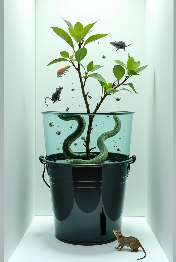 A white cubic room, with a black bucket and inside that bucket crystal clear water, inside this bucket covered by water some rooted branches, green mum and black mum, but in reality these branches turn into snakes, one of the branches is a black snake, and the other branch is a green snake that looks like a caterpillar, and the other is a rainbow snake of half-darkened tones, and from its leaves mice are born and jump out of the bucket, as if they were snakes, the bucket covers all the snakes and branches and there are no flowers and the water also covers everything I can see because I look inside, everything in the bucket is covered by water and by the bucket which is very big and covers everything, so I look at the bottom of it so I can see