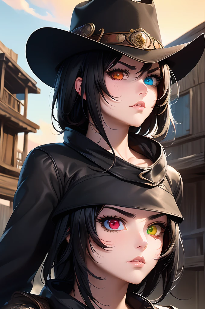 ((high quality anime art style)),((wild west setting)),town,1 ((cowgirl)),short black hair,((detailed red heterochromia eyes)),luscious lips,((beautifully detailed gorgeous face)),((serious determined expression)),((perfect body)),((black cowgirl hat)),((black cowgirl outfit)),((facing viewer)).